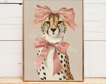 Coquette Room Decor, Cheetah With A Pink Bow, Wall Art Print, Girly Home Decor, Cute Bedroom Wall Art, Nursery Room Print