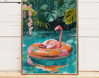 Flamingo On A Pool Float, Maximalist Wall Art, Tropical Decor, Flamingo Lover Gift, Housewarming Gifts, Eclectic Wall Art, Unframed