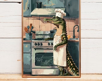Alligator in The Kitchen Print, Gator Home Decor, Funny Kitchen Wall Art, Housewarming Gifts, Eclectic Decorations, Gift For Chef