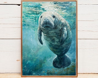 Manatee Swimming In The Water, Prints of A Manatee, Coastal Decor, Beach House Decor, Ocean Lover Gifts, Unframed
