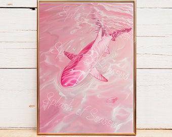 Pink Shark In The Water, Girly Decor, Coastal Decor, Beach House Decor, Ocean Lover Gifts, Unframed, Pink Wall Art