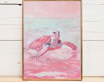 Pink Sea Turtle Swimming In The Water, Girly Decor, Coastal Decor, Beach House Decor, Ocean Lover Gifts, Unframed, Pink Wall Art