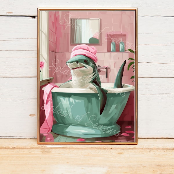 Lámina de tiburón en la bañera, regalos para amantes de los tiburones, decoración tropical, regalos de inauguración, decoraciones eclécticas, arte divertido para el baño.