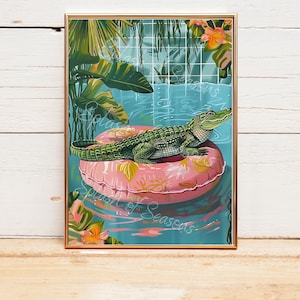 Alligator On A Pool Float, Maximalist Wall Art, Florida Print, Gator Decor, Housewarming Gifts, Animal Wall Art, Eclectic Wall Art, Unframed