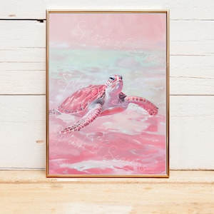 Pink Sea Turtle Swimming In The Water, Girly Decor, Coastal Decor, Beach House Decor, Ocean Lover Gifts, Unframed, Pink Wall Art