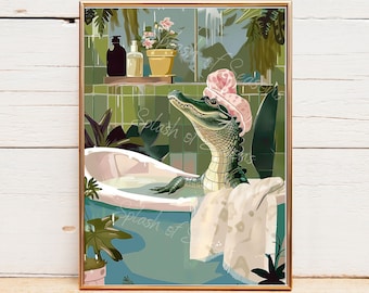 Gator in Bathtub Bathroom Print, Alligator Wall Art, Home Decor, Funny Bathroom Wall Art, Housewarming Gifts, Eclectic Decorations