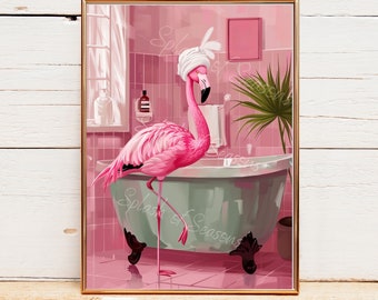 Flamingo in The Bathroom Wall Art Print, Tropical Home Decor, Housewarming Gifts, Eclectic Decorations, Funny Bathroom Art