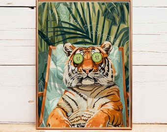 Tiger Spa Day Print Print, Jungle Home Decor, Living Room Art Print, Funny Bathroom Wall Art, Housewarming Gifts, Eclectic Decorations