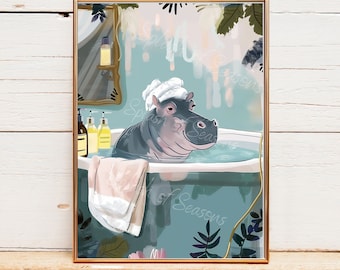 Hippo in Bathtub Bathroom Print, Tropical Home Decor, Funny Bathroom Wall Art, Housewarming Gifts, Eclectic Decorations