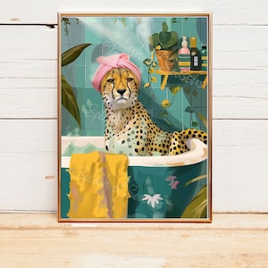 Cheetah in Bathtub Bathroom Print, Tropical Jungle Home Decor, Funny Bathroom Wall Art, Housewarming Gifts, Eclectic Decorations