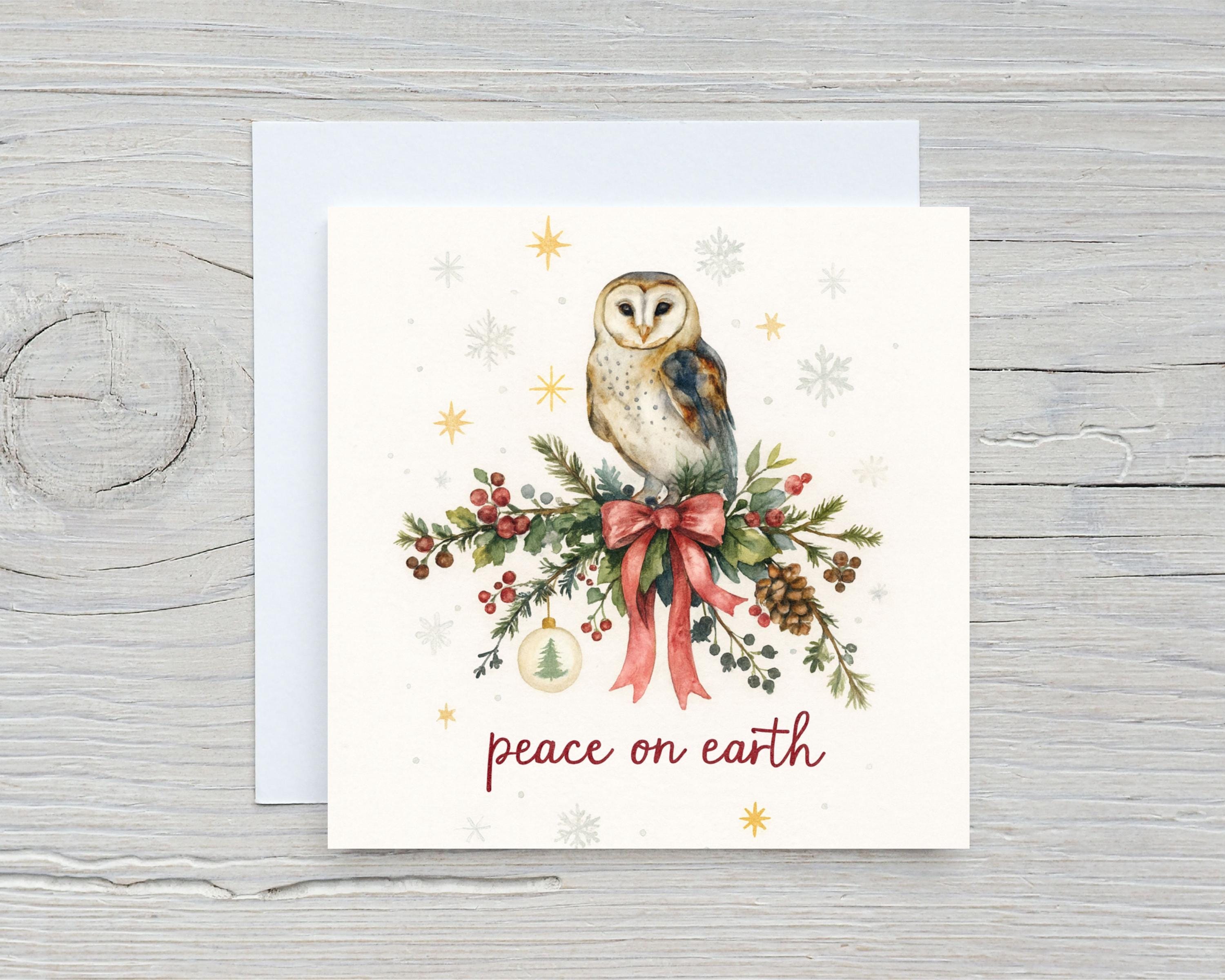 Christmas Owl Greeting Card, Peace on Earth, Simple Holiday Cards for Family, Blank Inside
