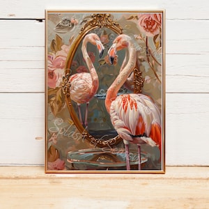 Flamingo In The Mirror Bathroom Print, Tropical Home Decor, Flamingo Bathroom Wall Art, Housewarming Gifts, Eclectic Decorations, Edgy Art