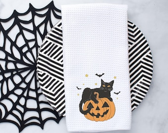 Halloween Black Cat Kitchen Towel, Halloween Decor, Jack O Lantern Kitchen Decor, Tea Towel, Dish Towel, Holiday Decor