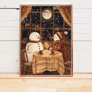 Snow Couple at Dinner, Christmas Wall Art Print, Holiday Home Decor, Snowman Print, Cozy Home Decor
