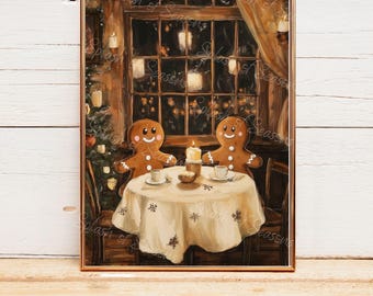 Op de afbeelding: Een schilderij van twee peperkoekpoppetjes die aan een tafel zitten en genieten van een maaltijd bij kaarslicht. De tafel is bedekt met een wit tafelkleed met een sneeuwvlokkenpatroon. De peperkoekpoppetjes hebben bruine ogen en glimlachen. De achtergrond is een knusse hut met een raam en een open haard.