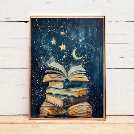Books In The Stars, Reading Nook Print, Fantasy Print, Cozy Home Decor, Reading Lover Gift, Reading Room Decor, Unframed