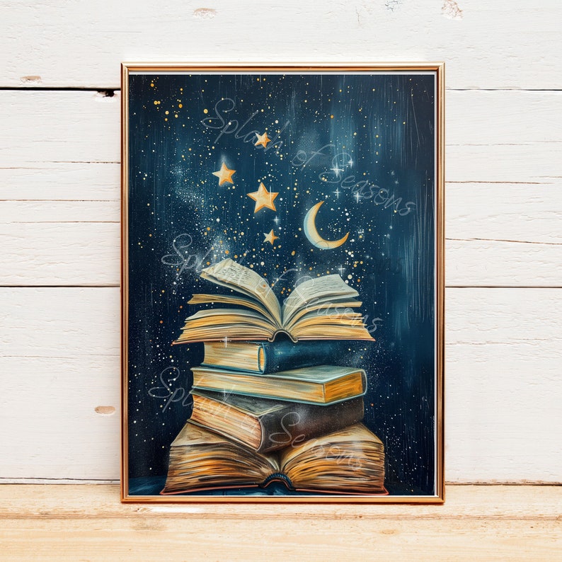 Books In The Stars, Reading Nook Print, Fantasy Print, Cozy Home Decor, Reading Lover Gift, Reading Room Decor, Unframed image 1