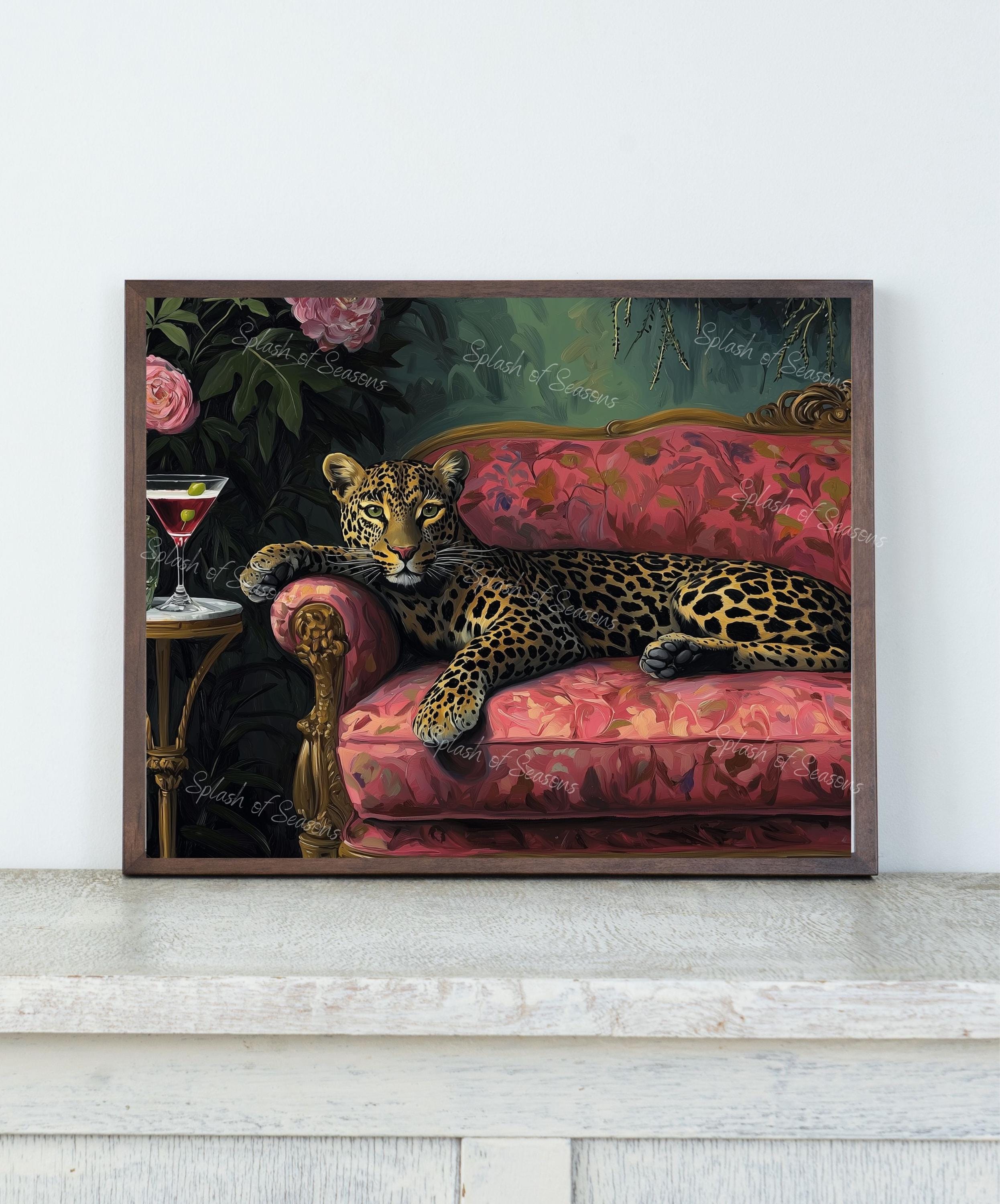 Leopard with Martini Art Print, Maximalist Cocktail Bar Cart Decor, Funny Wall Art Print for Home Decor, Animal Lover Gift