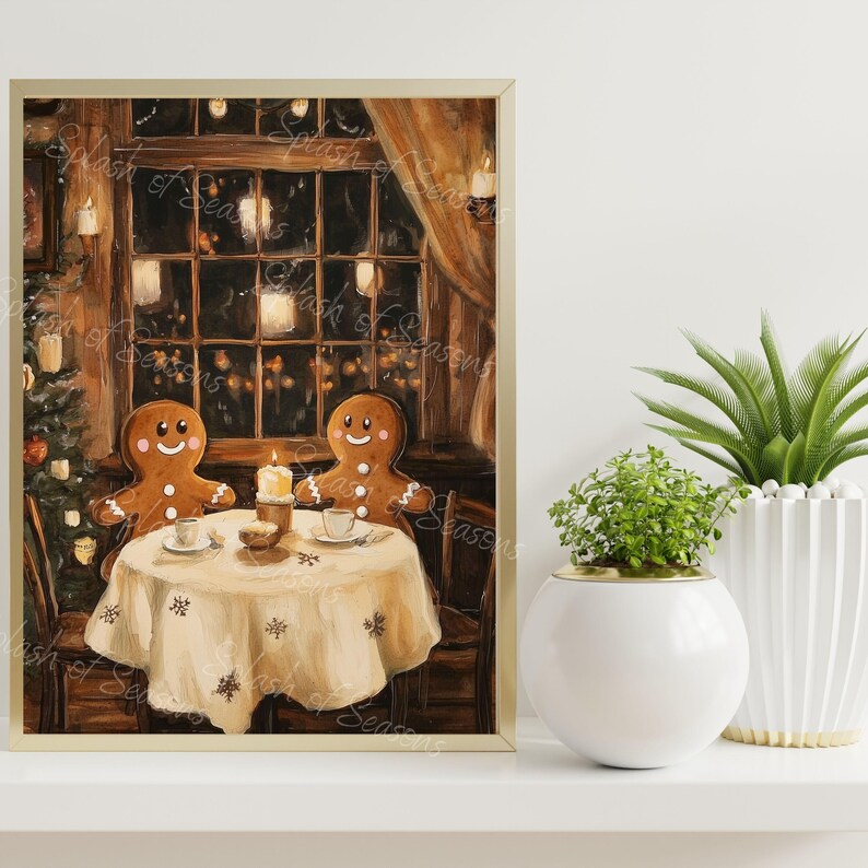 Gingerbread Couple on A Date, Large Christmas Wall Art Print, Holiday
