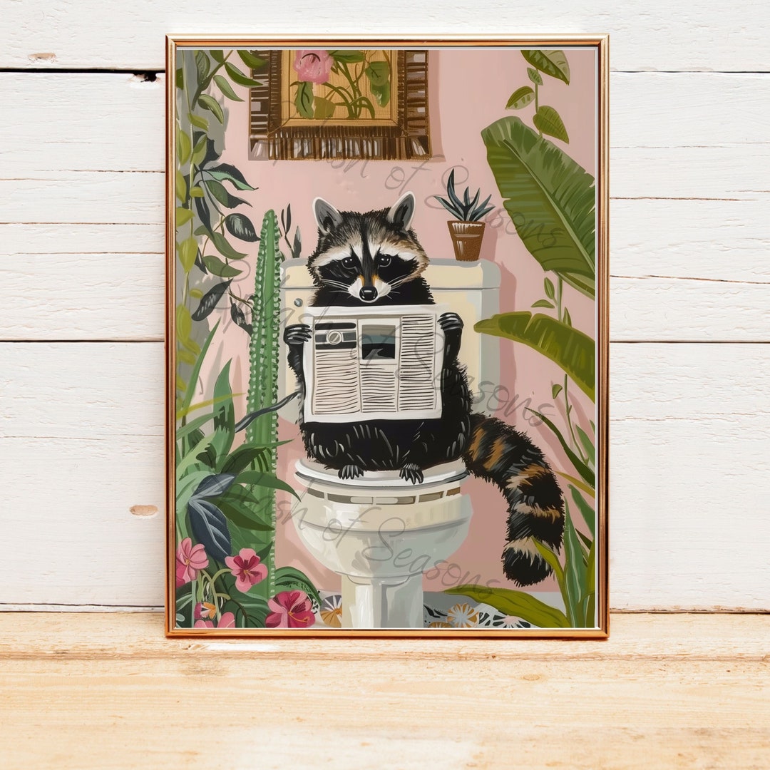 Raccoon on the Toilet Art Print, Funny Bathroom Print, Animal Lover ...