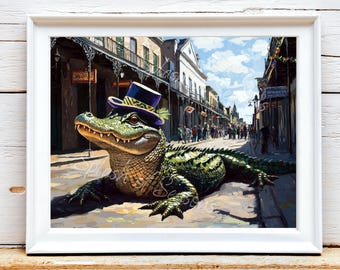 May include: A green alligator wearing a purple and gold Mardi Gras hat is lying on the street in front of a colorful New Orleans building. The alligator is smiling and looking to the right. There are people walking in the background.