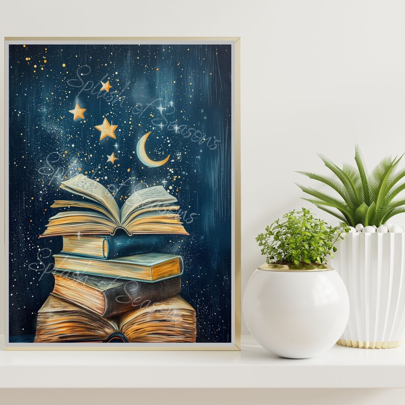 Books In The Stars, Reading Nook Print, Fantasy Print, Cozy Home Decor, Reading Lover Gift, Reading Room Decor, Unframed image 2