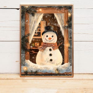 Snowman In The Window, Christmas Wall Art Print, Holiday Home Decor, Snowman Print, Cozy Home Decor