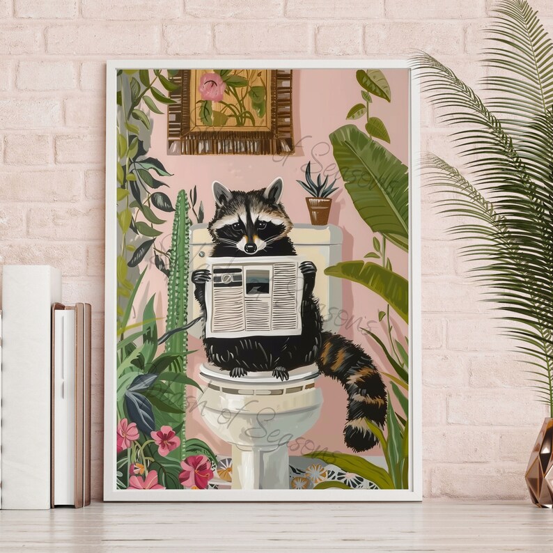 Raccoon on the Toilet Art Print, Funny Bathroom Print, Animal Lover ...
