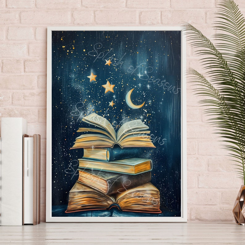 Books In The Stars, Reading Nook Print, Fantasy Print, Cozy Home Decor, Reading Lover Gift, Reading Room Decor, Unframed image 3