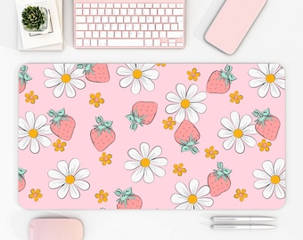 Strawberry Desk Mat, Pink Strawberry and Flower Design, Cute Desk Mat for Gamers, Cozy Decor, Unique Present, Kawaii