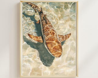 Lemon Shark In The Water, Shark Painting, Coastal Decor, Beach House Decor, Ocean Lover Gifts, Unframed Wall Art, Beach House Print