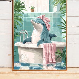 Dolphin in The Bathtub Wall Art Print, Ocean Lover Gifts, Tropical Home Decor, Housewarming Gifts, Eclectic Decorations, Funny Bathroom Art