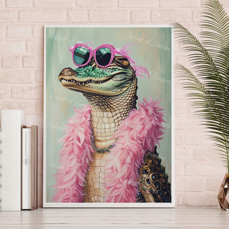 Gator in A Pink Feather Boa Wall Art Print, Girly Home Decor, Funny