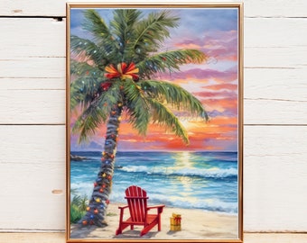 May include: A painting of a palm tree decorated with Christmas lights and a red bow on a beach at sunset. A red Adirondack chair sits on the sand with two wrapped gifts in front of it.
