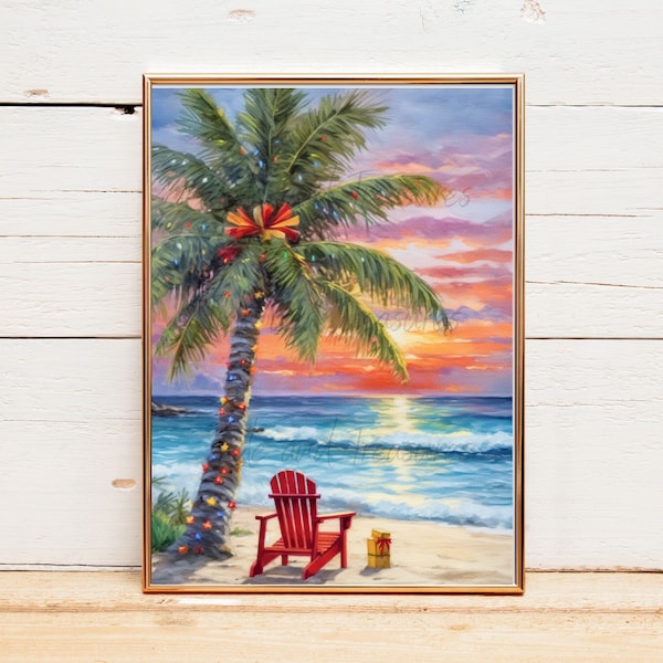 Christmas On The Beach, Christmas Palm Tree, Southern Christmas, Christmas Wall Decor, Holiday Decor, Country Decor, Unframed