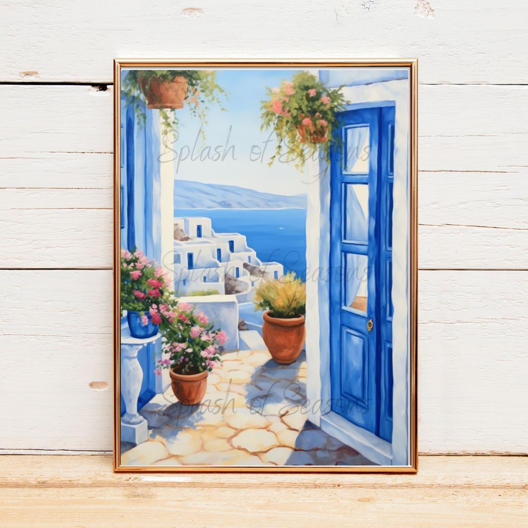 Santorini Wall Print, Greek Door, Mediterranean Print, Oil Painting ...