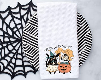 A Spooky Magic Spell Halloween Kitchen Towel, Halloween Decor, Witchy Decor, Tea Towel, Dish Towel, Black Cat