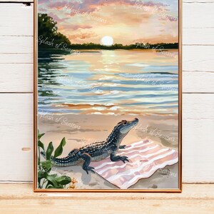 Gator At The Beach Wall Art Print, Girly Home Decor, Cute Bedroom Wall Art, Housewarming Gifts, Animal Lover Gift