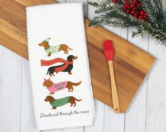 Daschund Through The Snow Kitchen Towel, Dog Lover Gift, Kitchen Decor, Christmas Decor, Tea Towel, Dish Towel, Holiday Decor