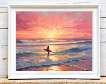 Retro Surfing Print, Pink Aesthetic Wall Art,  Ocean Decor,  Seascape Wall Print, Modern Wall Art, Living Room Wall Decor Unframed