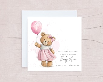 Personalized Birthday Card For Granddaughter, Baby Girl Bear, Can be changed to any age!