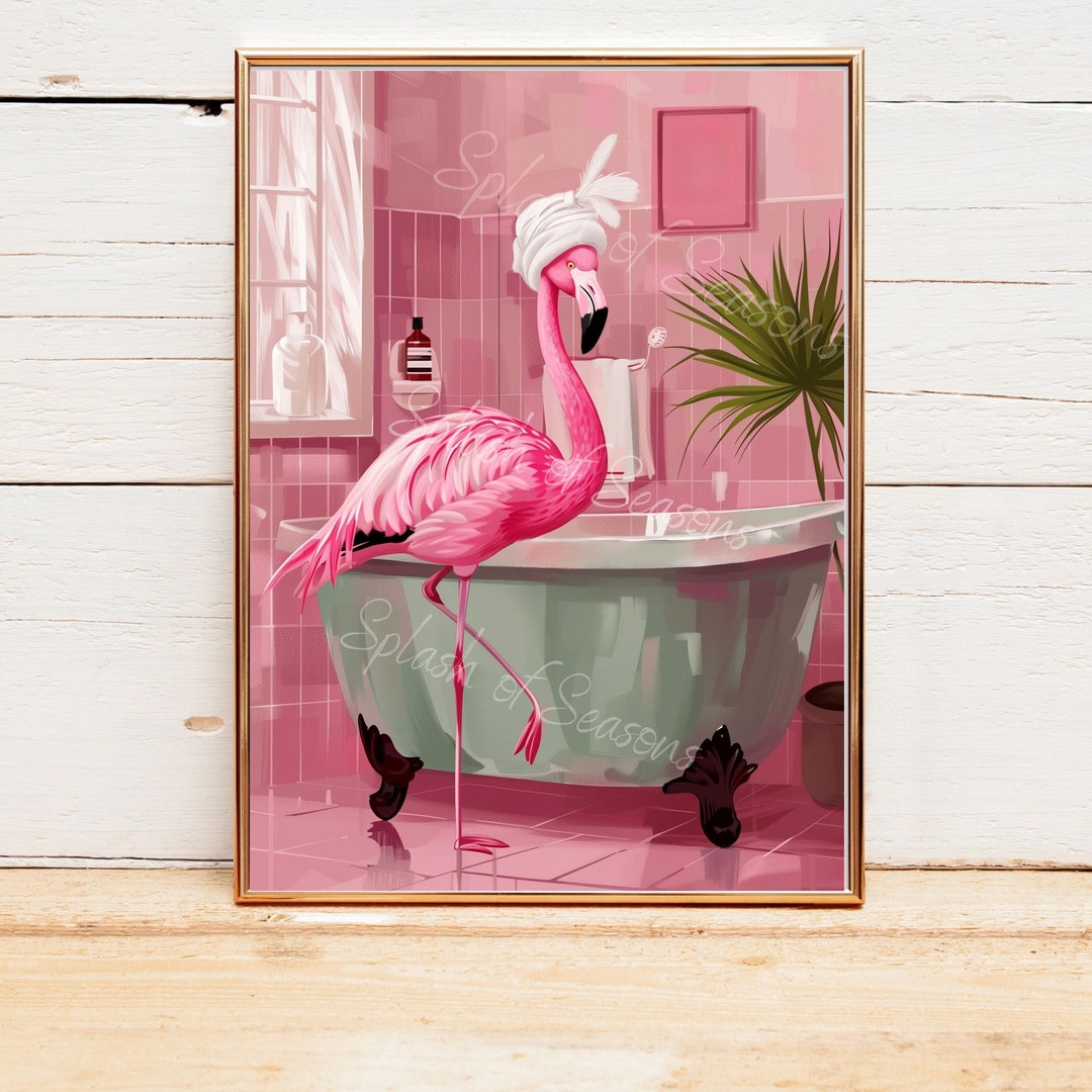 Flamingo in the Bathroom Wall Art Print, Tropical Home Decor ...