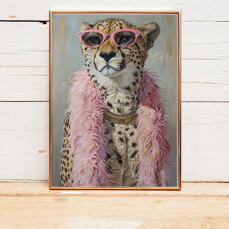 Cheetah In A Pink Feather Boa Wall Art Print, Girly Home Decor, Funny Bedroom Wall Art, Housewarming Gifts, Eclectic Decorations, Edgy Art