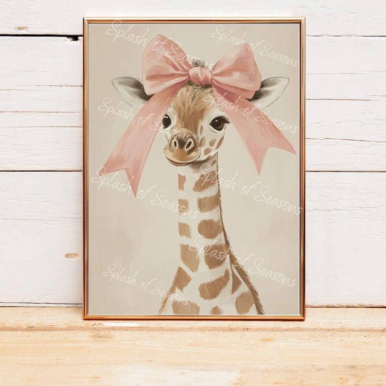 Coquette Room Decor, Giraffe With A Pink Bow, Wall Art Print, Girly Home Decor, Cute Bedroom Wall Art, Nursery Room Print immagine 1