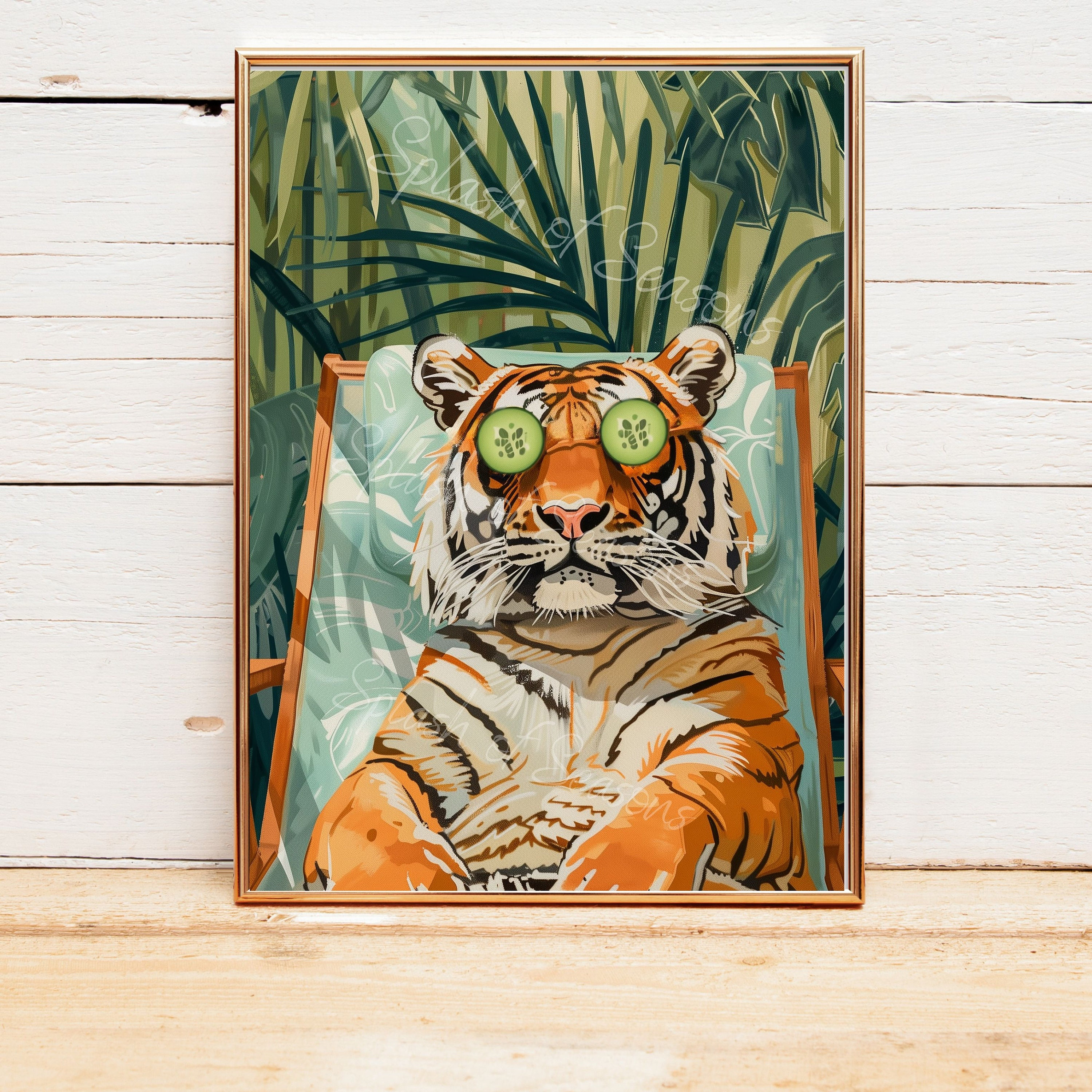 Impression journée Tiger Spa, décoration d'intérieur jungle, impression d'art de salon, art mural drôle de salle de bain, cadeaux de pendaison de crémaillère, décorations éclectiques