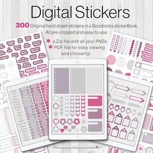 以下が含まれることがあります： Goodnotes 用のデジタルステッカーパック。ピンク、グレー、白の 300 個の手描きステッカーが含まれています。ステッカーには、やる気を起こさせる言葉、吹き出し、ハート、星、その他の装飾的な要素が含まれています。