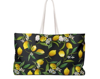 Delicate Lemon Print Oversized Weekender Black Bag for Stylish Travels I Lemon Print I Large Tote Bag I Citrus Print