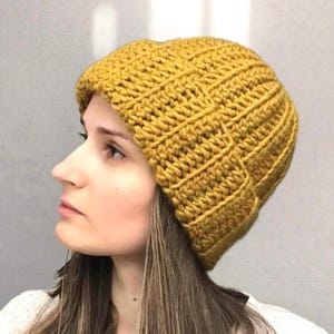 Gorro de lana grueso de ganchillo - Gorro de invierno suave 100% lana - Borde grueso doblado - Gorro de punto mullido y acogedor - Unisex - Amarillo moderno o color personalizado