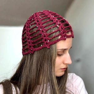 Cappello in rete all'uncinetto con paillettes - Copricapo boho per festival - Cuffia con retina per capelli scintillante - Copricapo regolabile con lacci - Outfit estivo Fairycore in colore personalizzato