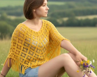 Crochet Lace Poncho, Boho Floral Fringe Top, Cotton Summer Festival Cover Up, Beach Resort Outfit, Fairycore Whimsical Shawl Custom Color